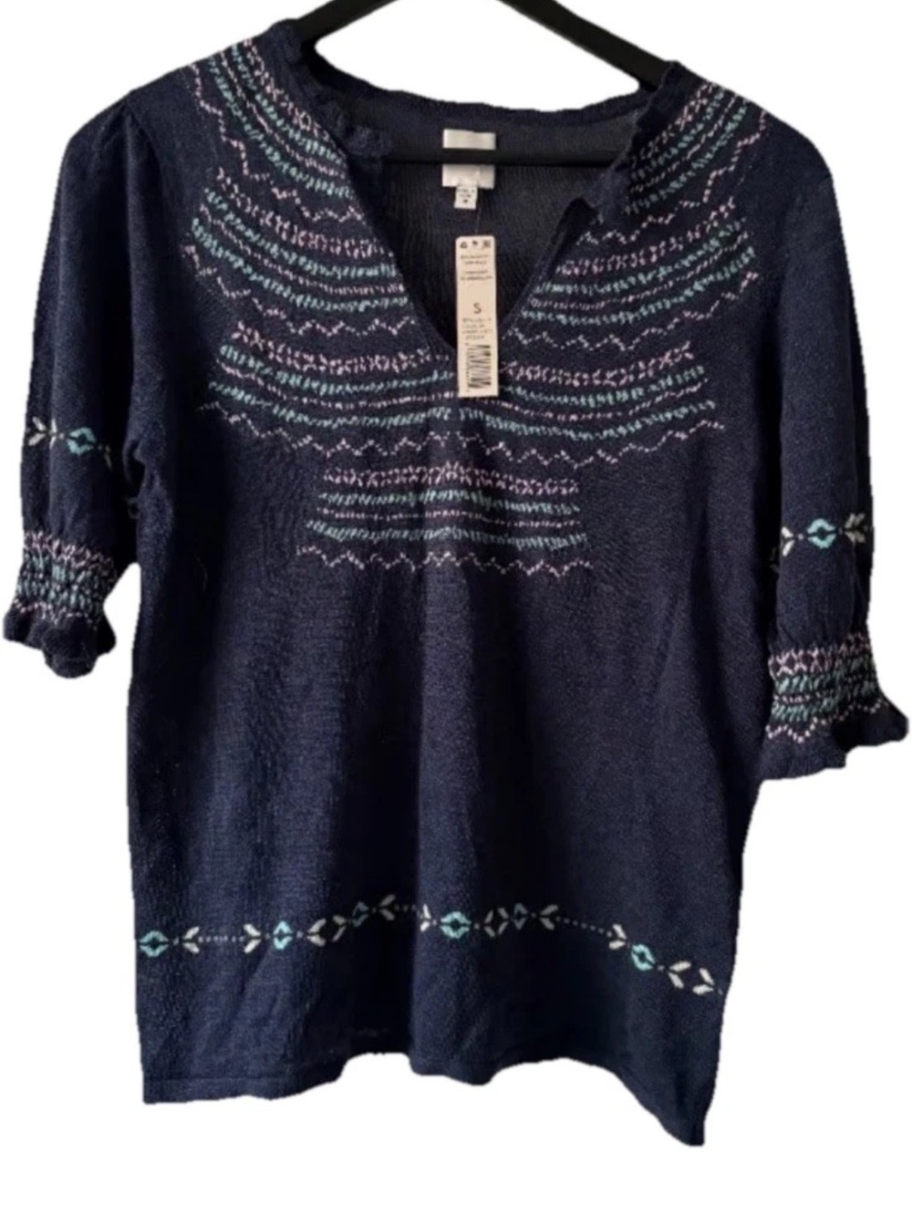 Nic+Zoe Knit XS Lightweight Knit Top Linen Blend Embroidered Navy Blue NWT
